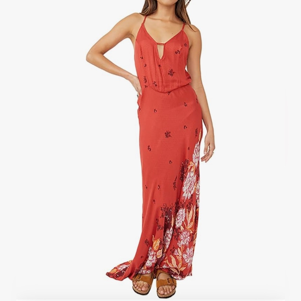 Free People Elegant Red Floral Maxi Dress